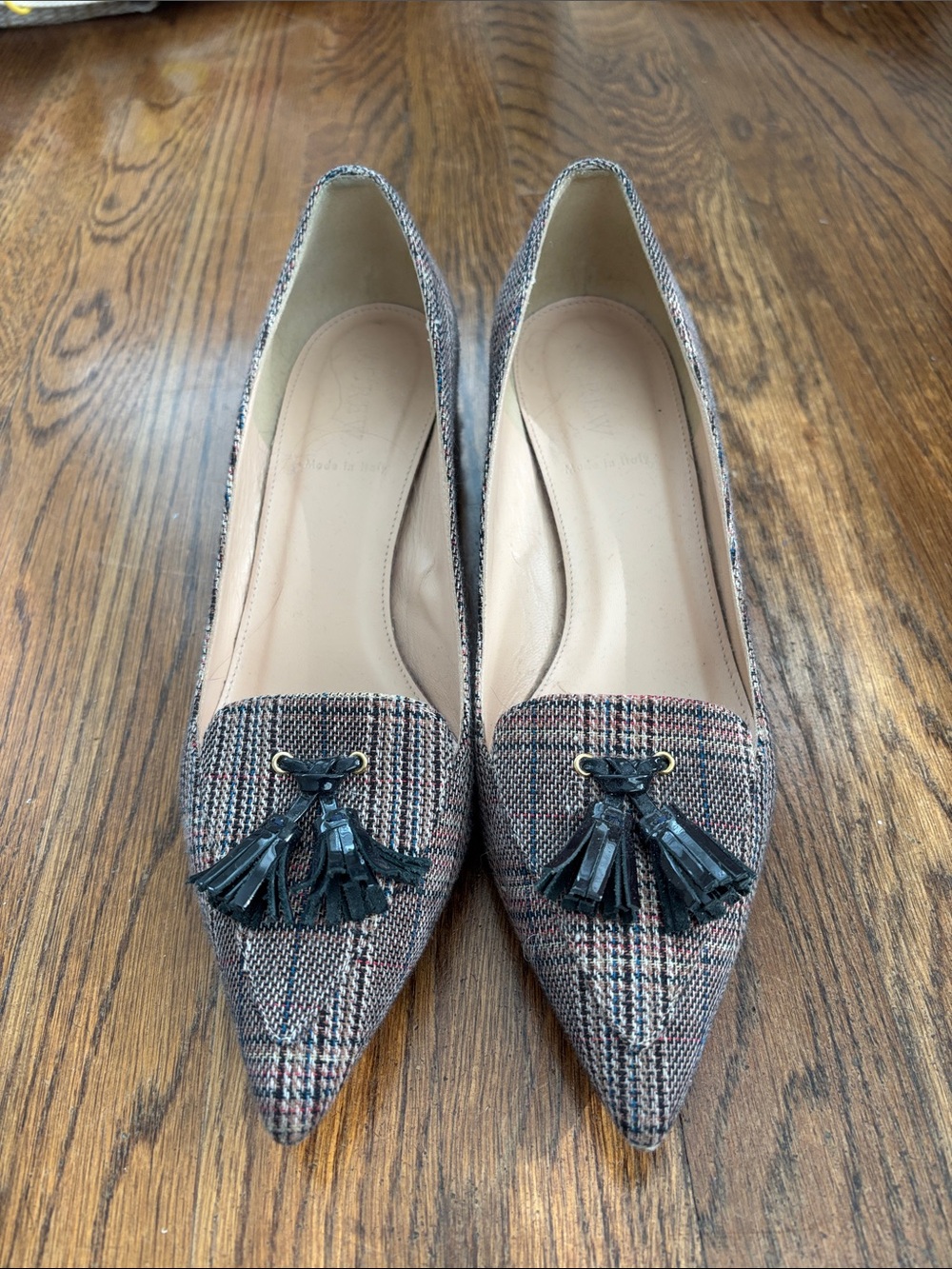 J. Crew Pointed Plaid Tassel Flats in Brown and Navy
